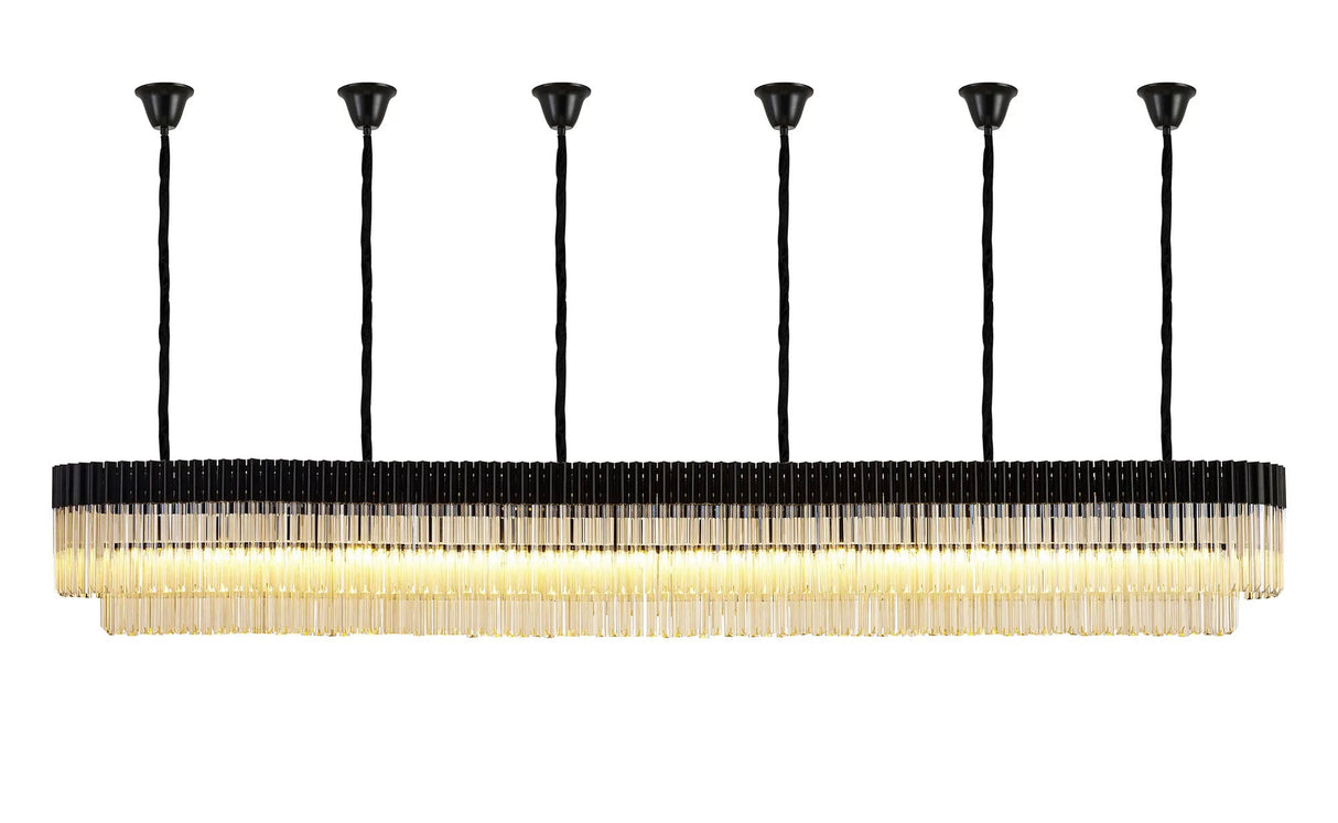 Longhorn 300 x 40cm Linear Pendant With Bell Cup, 16 Light E14, Matt Black/Cognac Sculpted Glass