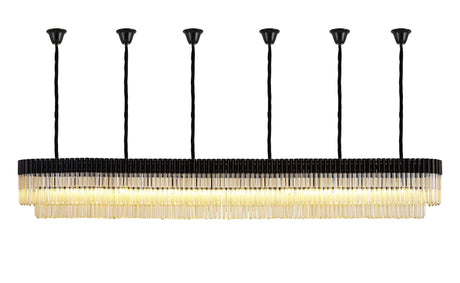Longhorn 300 x 40cm Linear Pendant With Bell Cup, 16 Light E14, Matt Black/Cognac Sculpted Glass