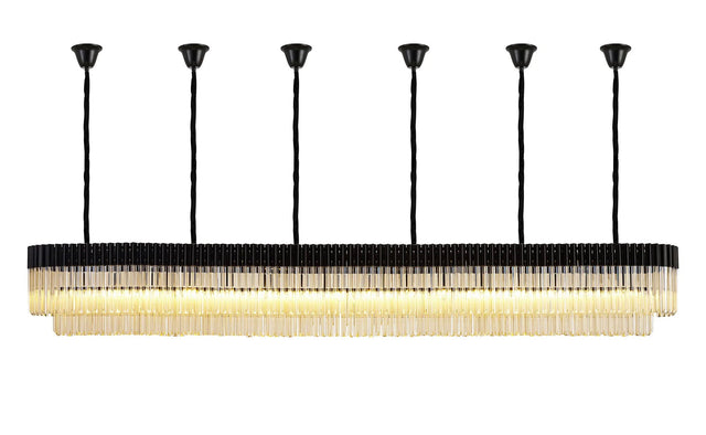 Longhorn 300 x 40cm Linear Pendant With Bell Cup, 16 Light E14, Matt Black/Cognac Sculpted Glass