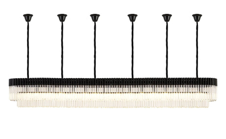 Longhorn 300 x 40cm Linear Pendant With Bell Cup, 16 Light E14, Matt Black/Clear Sculpted Glass