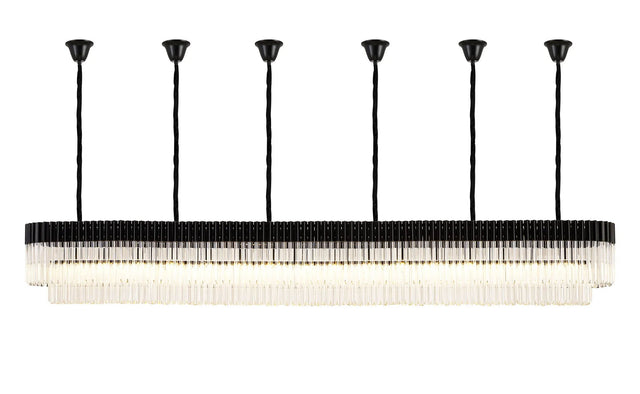 Longhorn 300 x 40cm Linear Pendant With Bell Cup, 16 Light E14, Matt Black/Clear Sculpted Glass