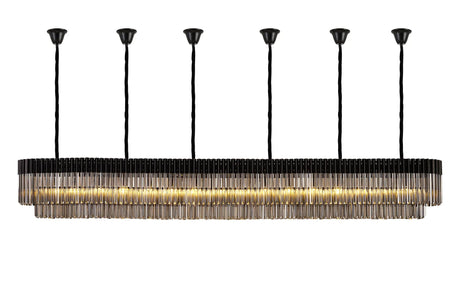 Longhorn 300 x 40cm Linear Pendant With Bell Cup, 16 Light E14, Matt Black/Smoked Sculpted Glass