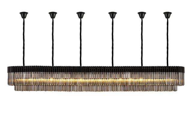 Longhorn 300 x 40cm Linear Pendant With Bell Cup, 16 Light E14, Matt Black/Smoked Sculpted Glass