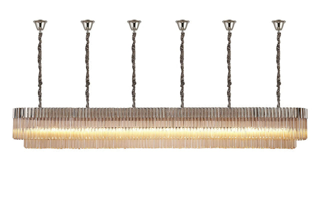 Longhorn 300 x 40cm Linear Pendant With Bell Cup, 16 Light E14, Polished Nickel/Cognac Sculpted Glass