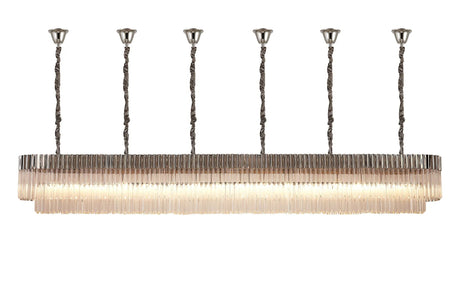 Longhorn 300 x 40cm Linear Pendant With Bell Cup, 16 Light E14, Polished Nickel/Clear Sculpted Glass