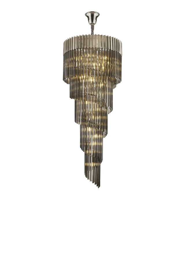 Longhorn 70cm Pendant Round 5 Tier 23 x E14, Polished Nickel/Smoke Sculpted Glass