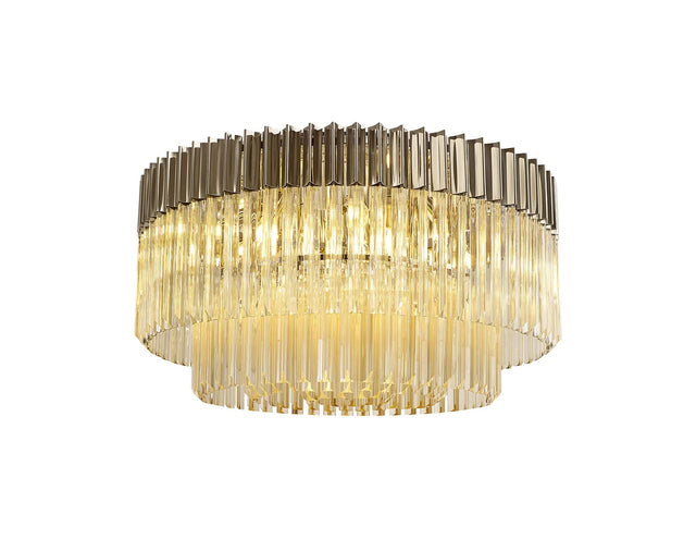 Longhorn 80cm Flush Ceiling Round 12 x E14, Polished Nickel/Cognac Sculpted Glass (29kg)