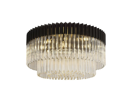 Longhorn 80cm Flush Ceiling Round 12 x E14, Matt Black/Clear Sculpted Glass (29kg)