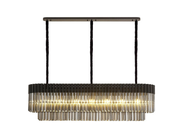 Longhorn 150 x 40cm Linear Pendant Rectangle 7 x E14, Matt Black/Smoke Sculpted Glass