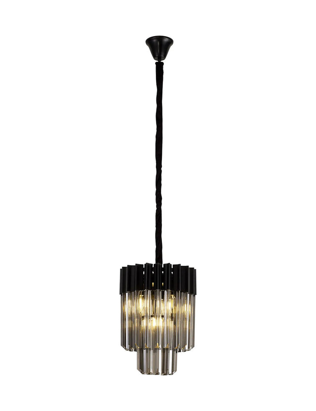 Longhorn 30cm Pendant Round 4 x E14, Matt Black/Smoke Sculpted Glass