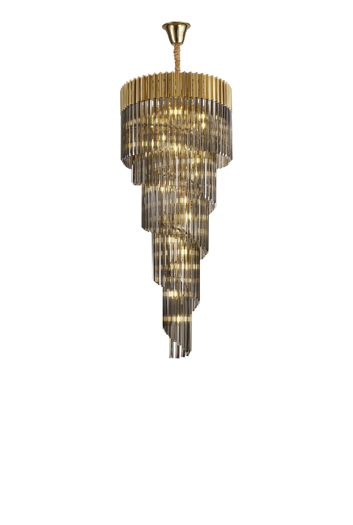 Longhorn 70cm Pendant Round 5 Tier 23 x E14, Brass/Smoke Sculpted Glass