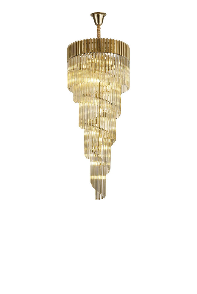 Longhorn 70cm Pendant Round 5 Tier 23 x E14, Brass/Cognac Sculpted Glass