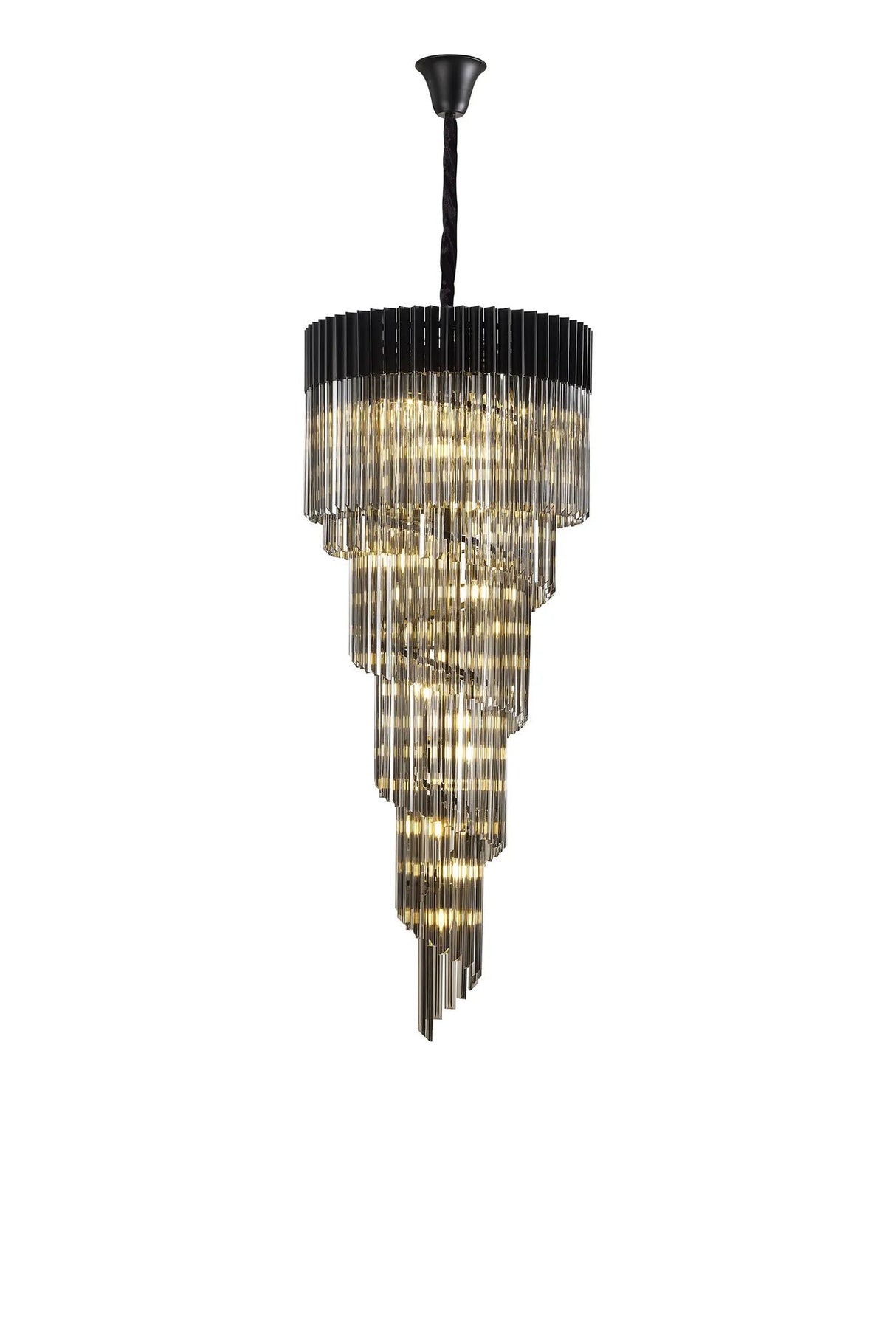 Longhorn 70cm Pendant Round 5 Tier 23 x E14, Matt Black/Smoke Sculpted Glass