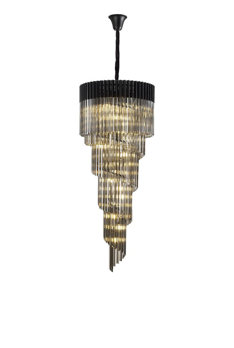 Longhorn 70cm Pendant Round 5 Tier 23 x E14, Matt Black/Smoke Sculpted Glass