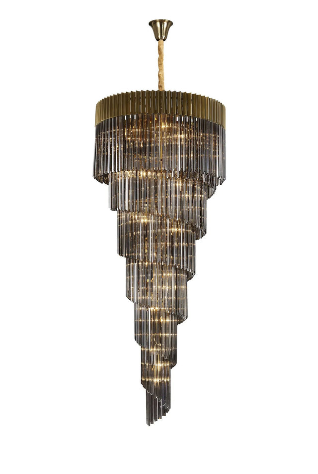 Longhorn 90cm Pendant Round 7 Tier 31 x E14, Brass/Smoke Sculpted Glass