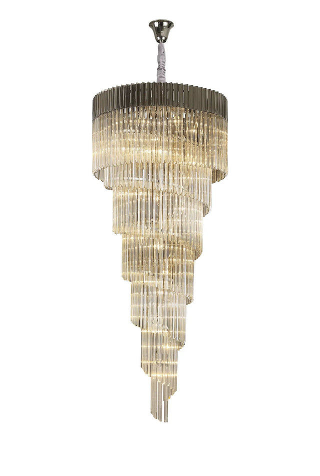 Longhorn 90cm Pendant Round 7 Tier 31 x E14, Polished Nickel/Cognac Sculpted Glass