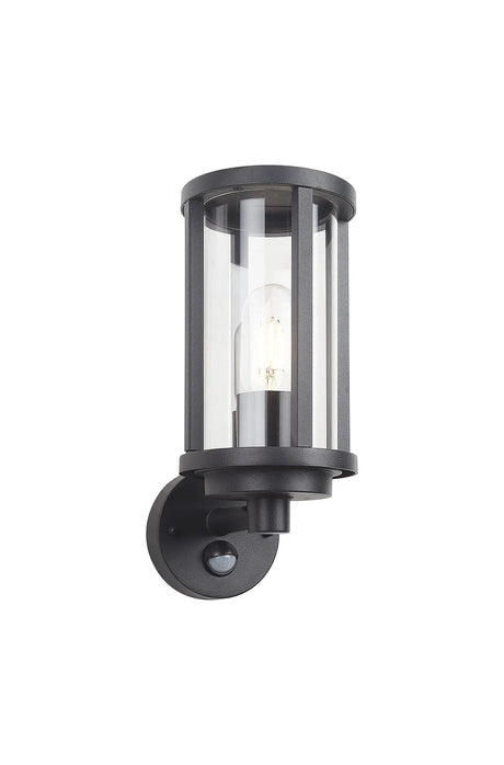 Mannone Cylinder PIR Wall Lamp 1 Light IP44 Matt Black/Clear