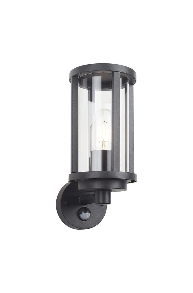 Mannone Cylinder PIR Wall Lamp 1 Light IP44 Matt Black/Clear