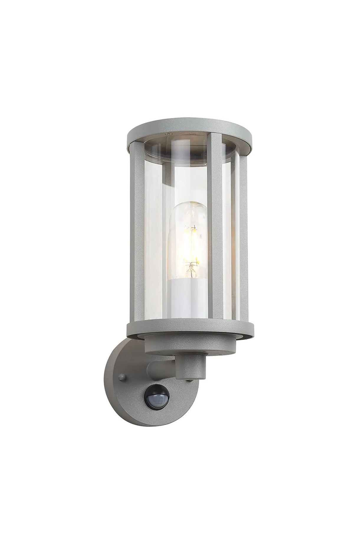 Mannone Cylinder PIR Wall Lamp 1 Light IP44 Matt Silver/Clear