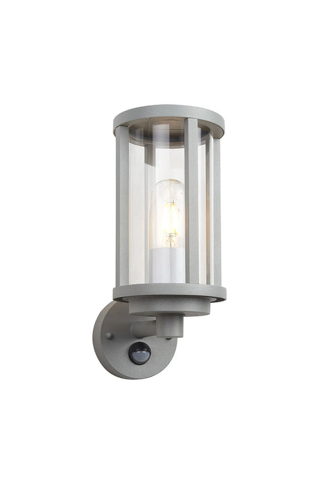 Mannone Cylinder PIR Wall Lamp 1 Light IP44 Matt Silver/Clear