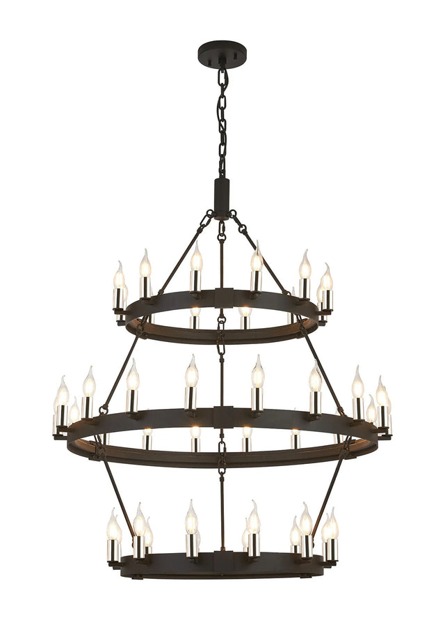 Matete 3 Tier 66cm+97cm Pendant, 12+18+12 Light E14, Satin Black/Polished Nickel