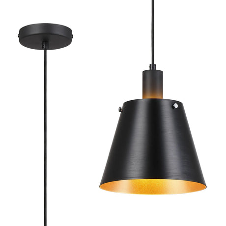 Mattson Single Pendant, 23cm x 18cm Shade, 1 x E27, Sand Black/Black/Gold Metal Shade