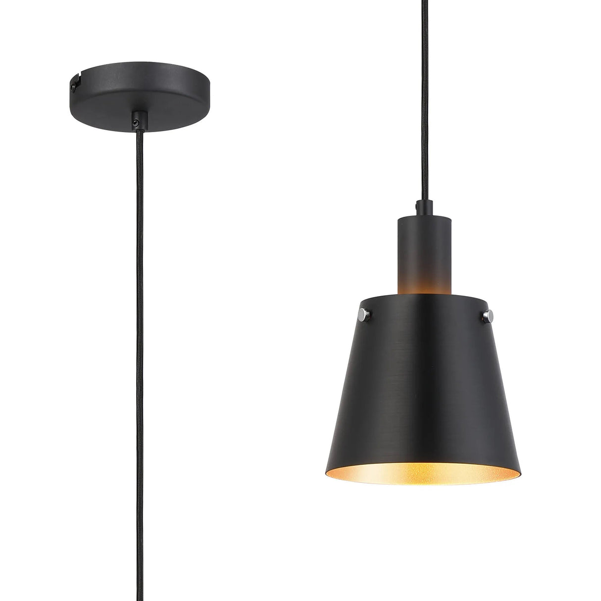Mattson Single Pendant, 16cm x 14cm Shade, 1 x E27, Sand Black/Black/Gold Metal Shade