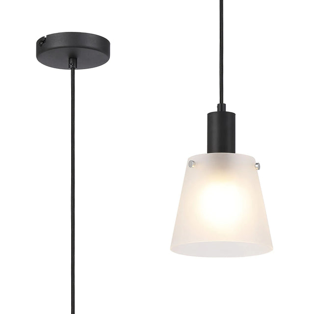 Mattson Single Pendant, 16cm x 14cm Shade, 1 x E27, Sand Black/Frosted White Glass Shade