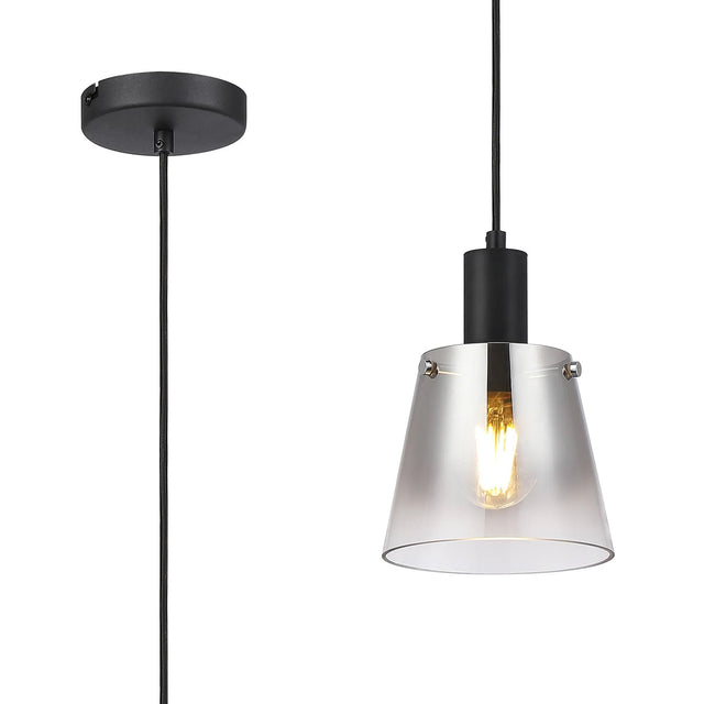 Mattson Single Pendant, 16cm x 14cm Shade, 1 x E27, Sand Black/Smoke Faded Glass Shade