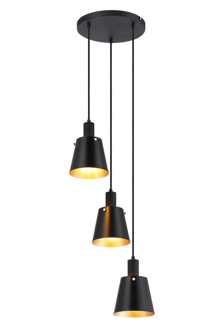 Mattson Round Pendant, 16cm x 14cm Shade, 3 x E27, Sand Black/Black/Gold Metal Shade