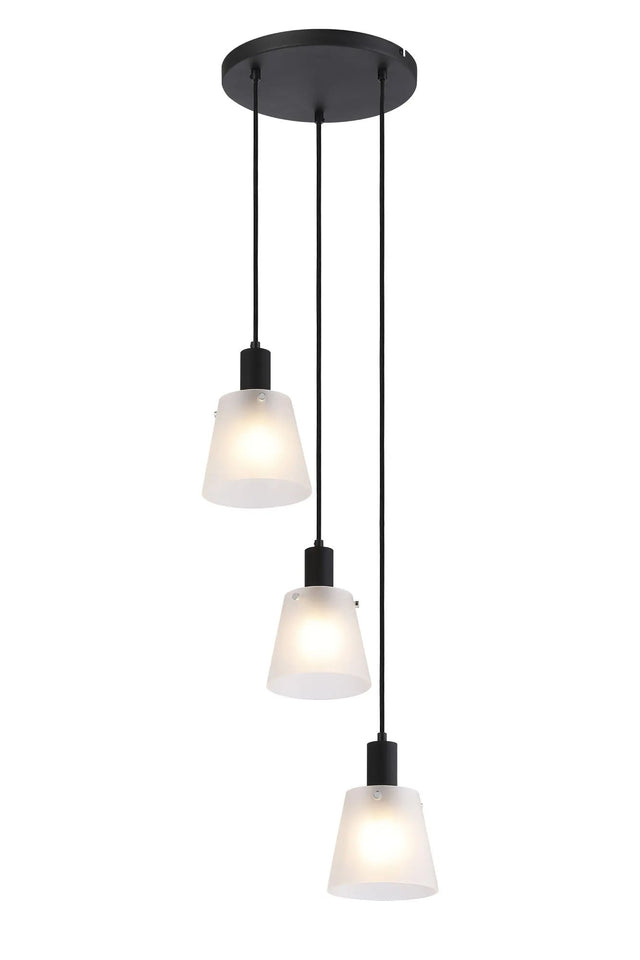 Mattson Round Pendant, 16cm x 14cm Shade, 3 x E27, Sand Black/Frosted White Glass Shade