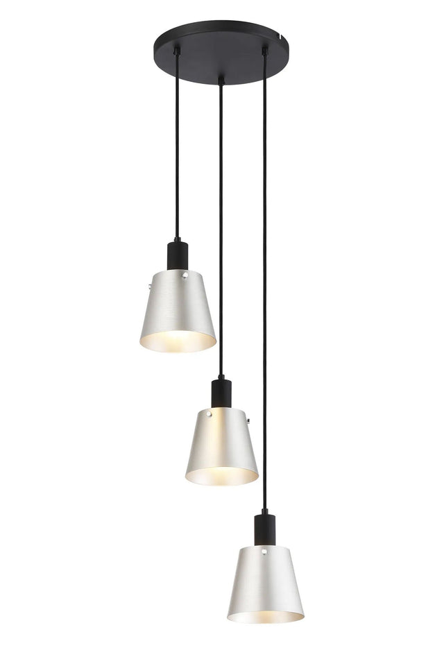 Mattson Round Pendant, 16cm x 14cm Shade, 3 x E27, Sand Black/Light Grey/Silver Metal Shade