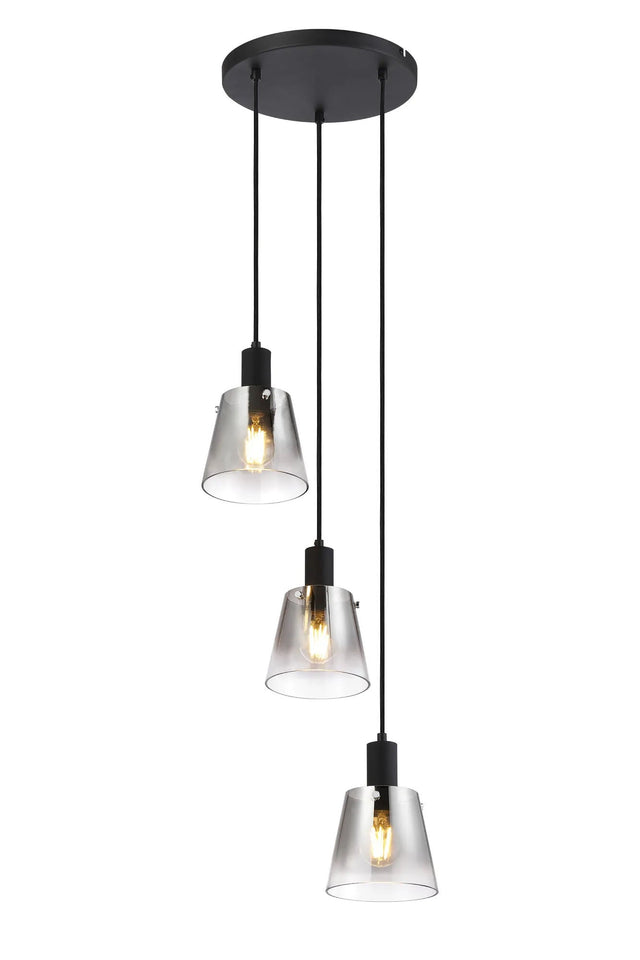 Mattson Round Pendant, 16cm x 14cm Shade, 3 x E27, Sand Black/Smoke Faded Glass Shade