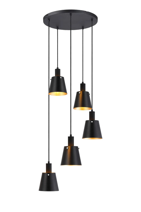 Mattson Round Pendant, 16cm x 14cm Shade, 5 x E27, Sand Black/Black/Gold Metal Shade
