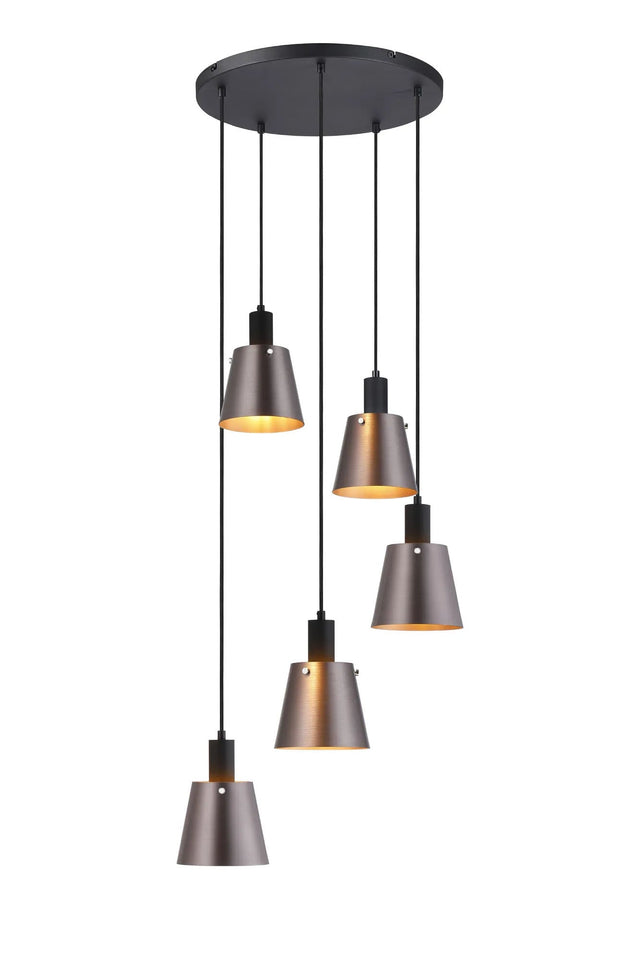 Mattson Round Pendant, 16cm x 14cm Shade, 5 x E27, Sand Black/Brown/Copper Metal Shade