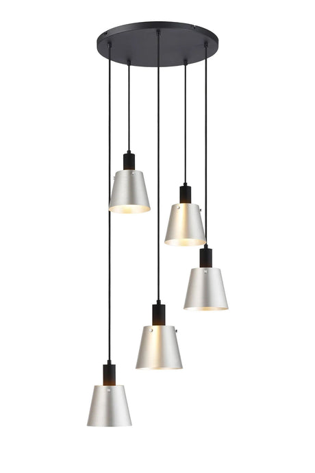 Mattson Round Pendant, 16cm x 14cm Shade, 5 x E27, Sand Black/Light Grey/Silver Metal Shade