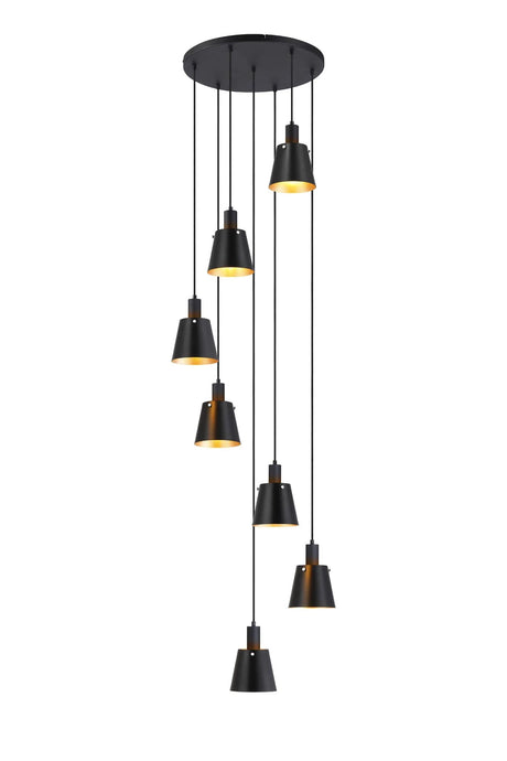 Mattson Round Pendant, 16cm x 14cm Shade, 7 x E27, Sand Black/Black/Gold Metal Shade