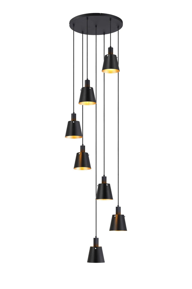 Mattson Round Pendant, 16cm x 14cm Shade, 7 x E27, Sand Black/Black/Gold Metal Shade