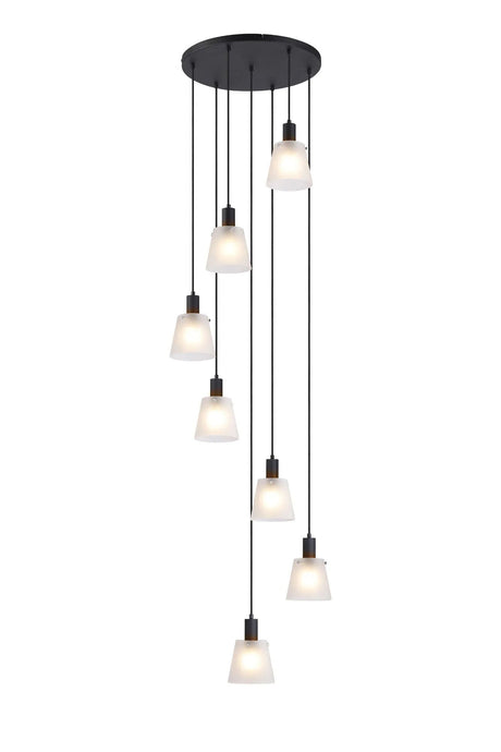 Mattson Round Pendant, 16cm x 14cm Shade, 7 x E27, Sand Black/Frosted White Glass Shade