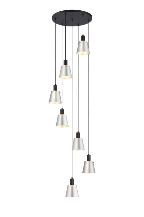 Mattson Round Pendant, 16cm x 14cm Shade, 7 x E27, Sand Black/Light Grey/Silver Metal Shade