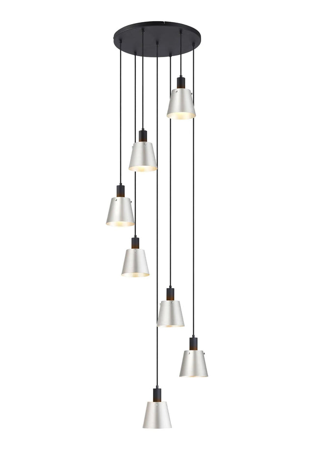 Mattson Round Pendant, 16cm x 14cm Shade, 7 x E27, Sand Black/Light Grey/Silver Metal Shade
