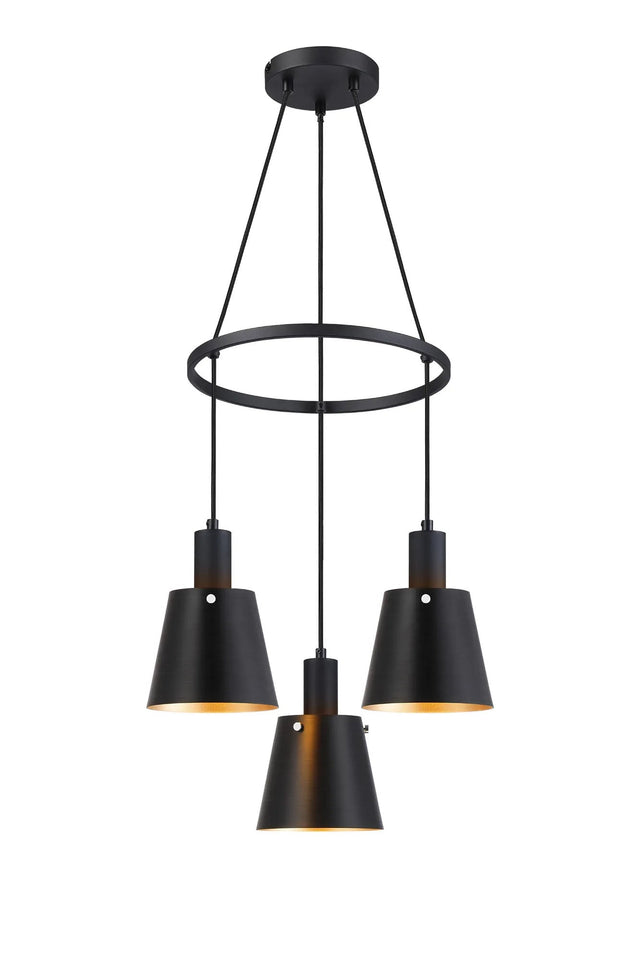 Mattson Ring Pendant, 16cm x 14cm Shade, 3 x E27, Sand Black/Black/Gold Metal Shade