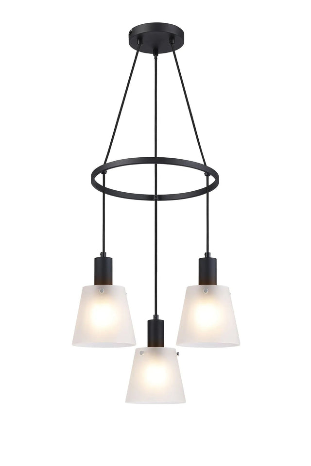 Mattson Ring Pendant, 16cm x 14cm Shade, 3 x E27, Sand Black/Frosted White Glass Shade