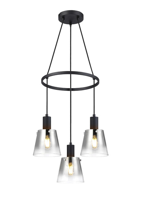 Mattson Ring Pendant, 16cm x 14cm Shade, 3 x E27, Sand Black/Smoke Faded Glass Shade
