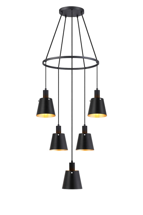 Mattson Ring Pendant, 16cm x 14cm Shade, 5 x E27, Sand Black/Black/Gold Metal Shade
