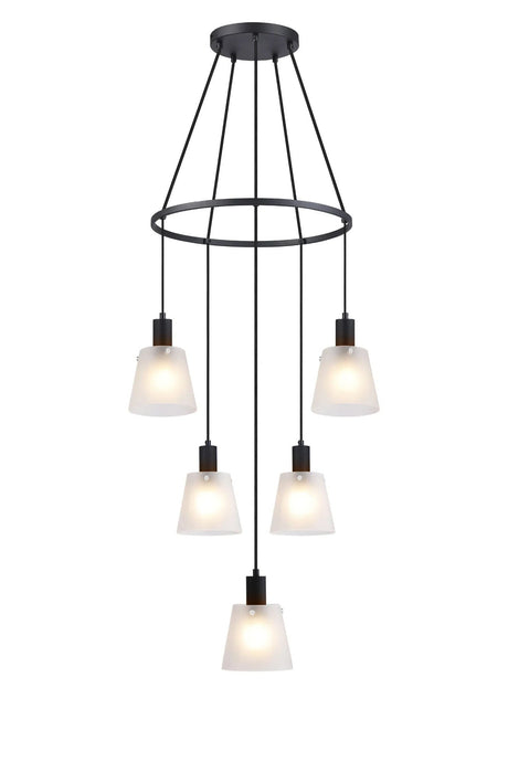 Mattson Ring Pendant, 16cm x 14cm Shade, 5 x E27, Sand Black/Frosted White Glass Shade