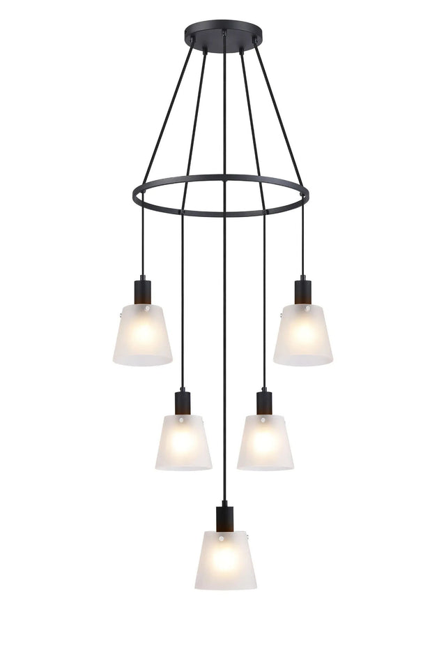 Mattson Ring Pendant, 16cm x 14cm Shade, 5 x E27, Sand Black/Frosted White Glass Shade