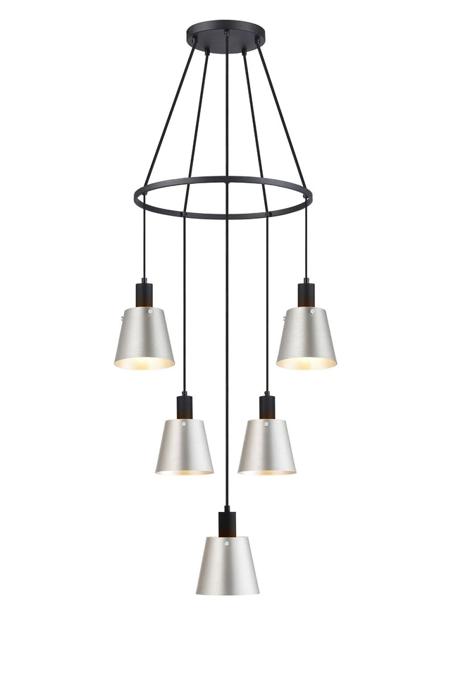 Mattson Ring Pendant, 16cm x 14cm Shade, 5 x E27, Sand Black/Light Grey/Silver Metal Shade