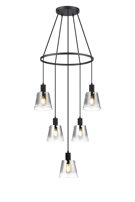 Mattson Ring Pendant, 16cm x 14cm Shade, 5 x E27, Sand Black/Smoke Faded Glass Shade