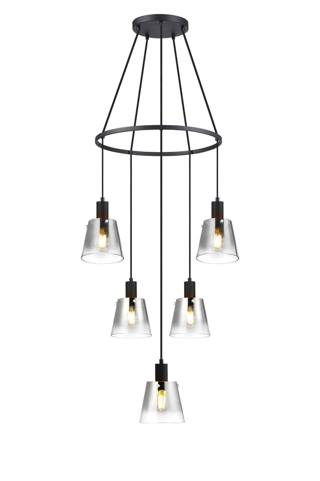 Mattson Ring Pendant, 16cm x 14cm Shade, 5 x E27, Sand Black/Smoke Faded Glass Shade